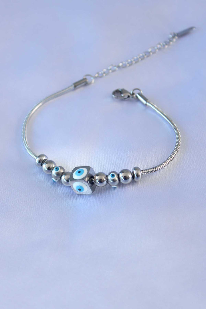 EBJ 316L Stainless Steel Silver Color Cube Evil Eye Bead Model Women's Bracelet - Hilo