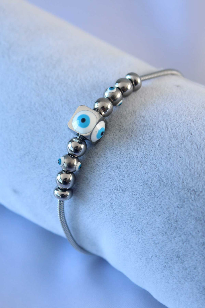 EBJ 316L Stainless Steel Silver Color Cube Evil Eye Bead Model Women's Bracelet - Hilo