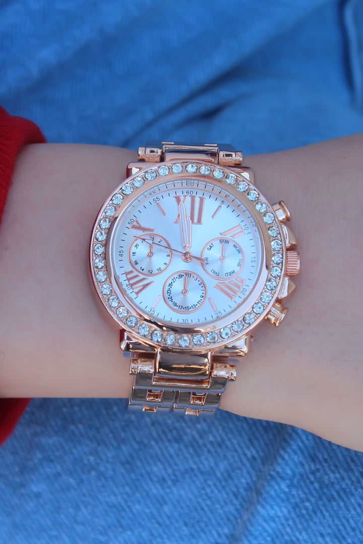 EBJ Rose Gold Metal Strap White Dial Roman Numerals Zircon Stone Women's Watch - Richmond