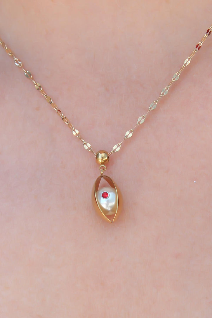 EBJ 316L Steel Gold Color Eye Figure Red Zircon Stone Detail Women's Necklace - Winchester