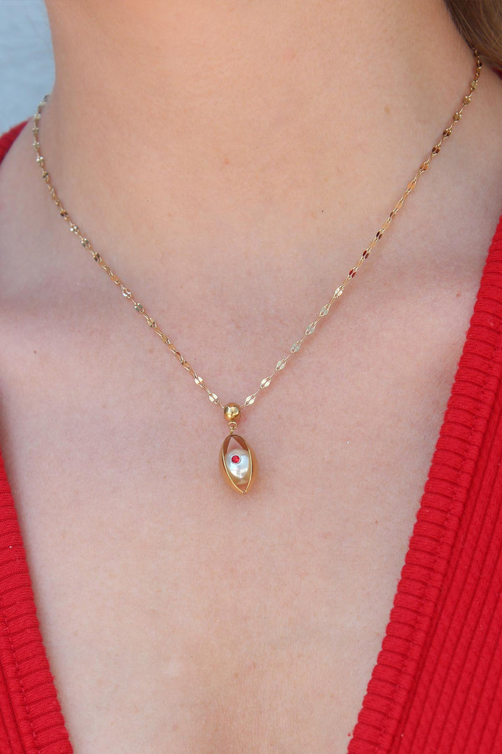 EBJ 316L Steel Gold Color Eye Figure Red Zircon Stone Detail Women's Necklace - Winchester