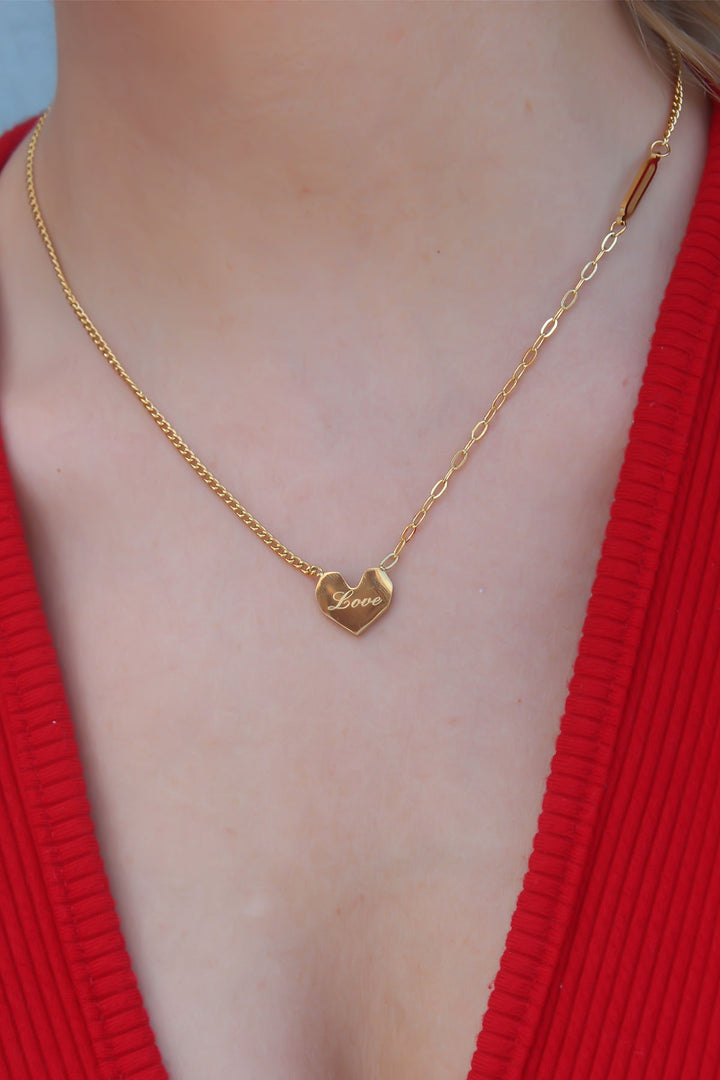 EBJ 316L Stainless Steel Gold Color Heart Shape Love Text Embroidery Women's Necklace - Alessandria