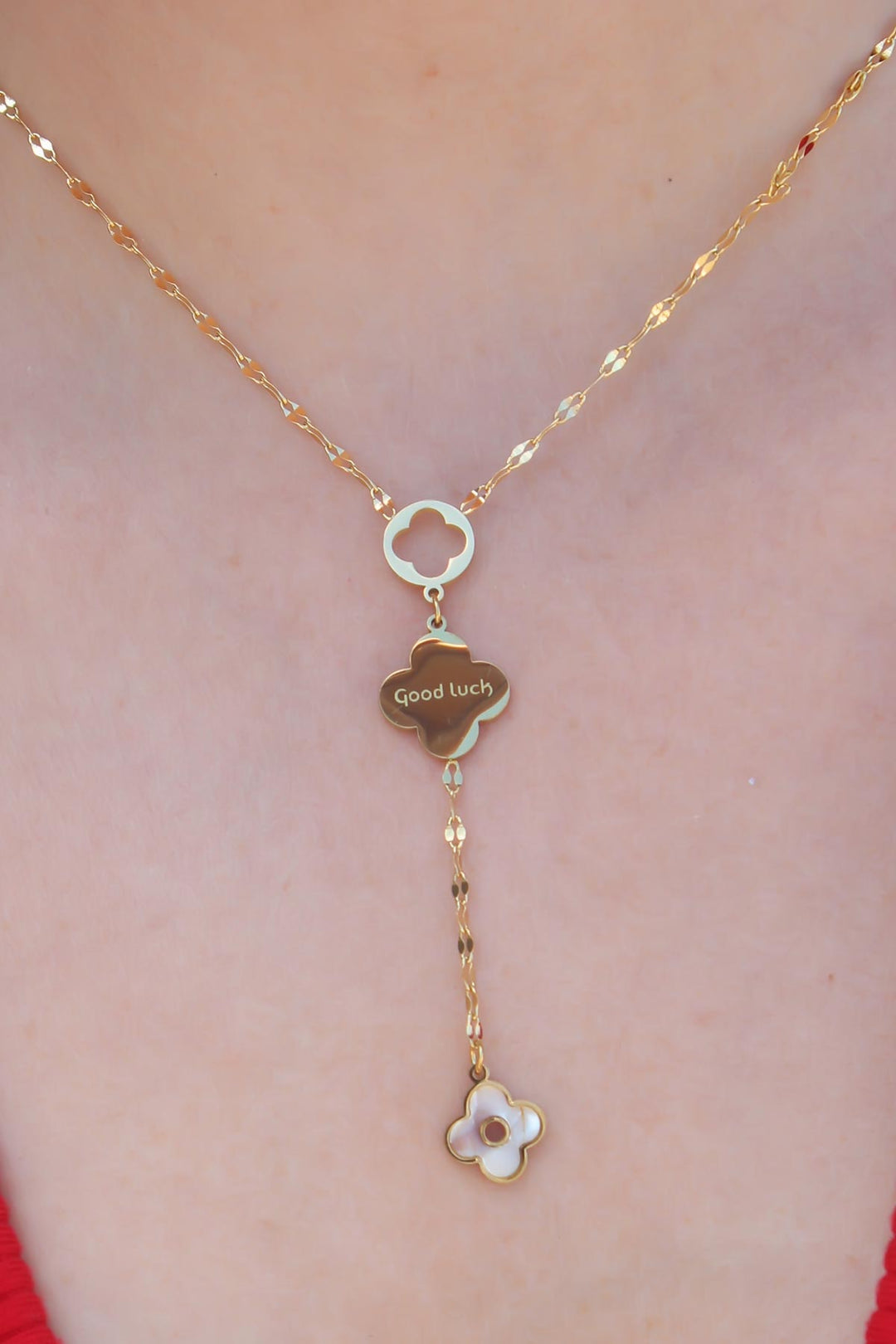 EBJ 316L Steel Gold Dangle Model Clover Figure Good Luck Processing Women's Necklace - Normal