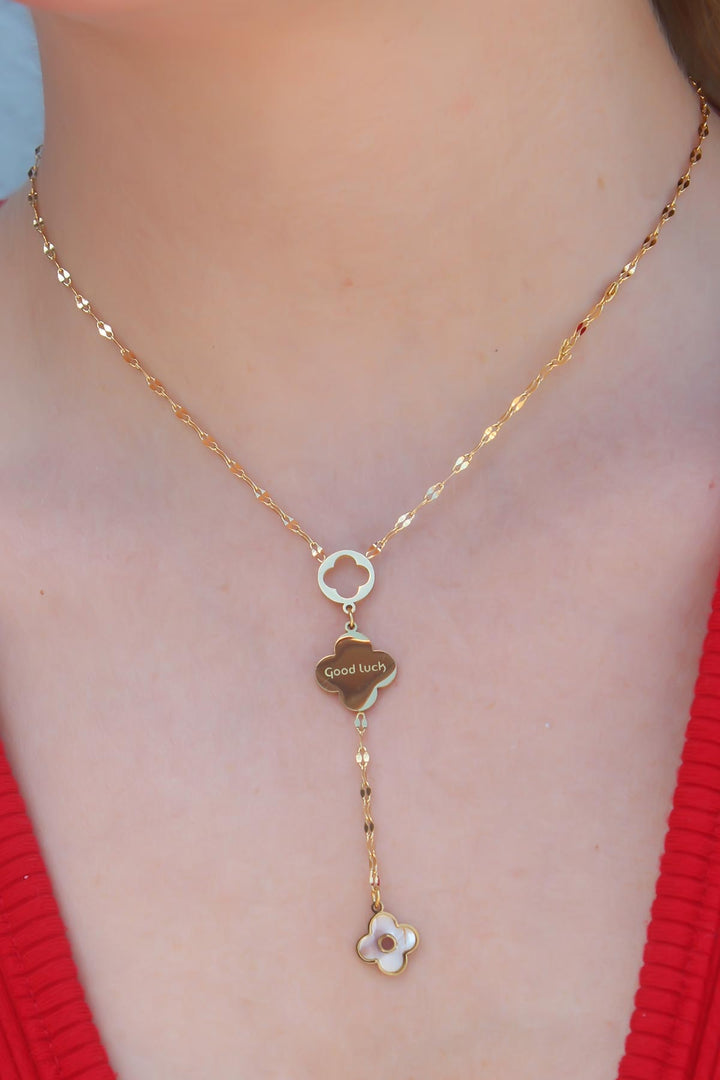 EBJ 316L Steel Gold Dangle Model Clover Figure Good Luck Processing Women's Necklace - Normal