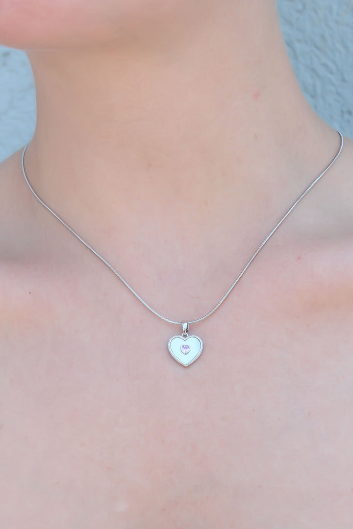 EBJ 316L Stainless Steel Silver Color Heart Model Pink Heart Zircon Stone Detail Women's Necklace - Focşani