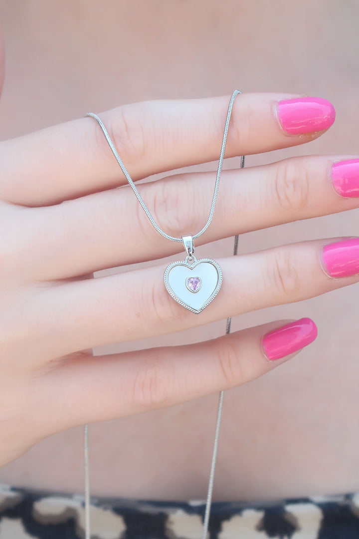 EBJ 316L Stainless Steel Silver Color Heart Model Pink Heart Zircon Stone Detail Women's Necklace - Focşani