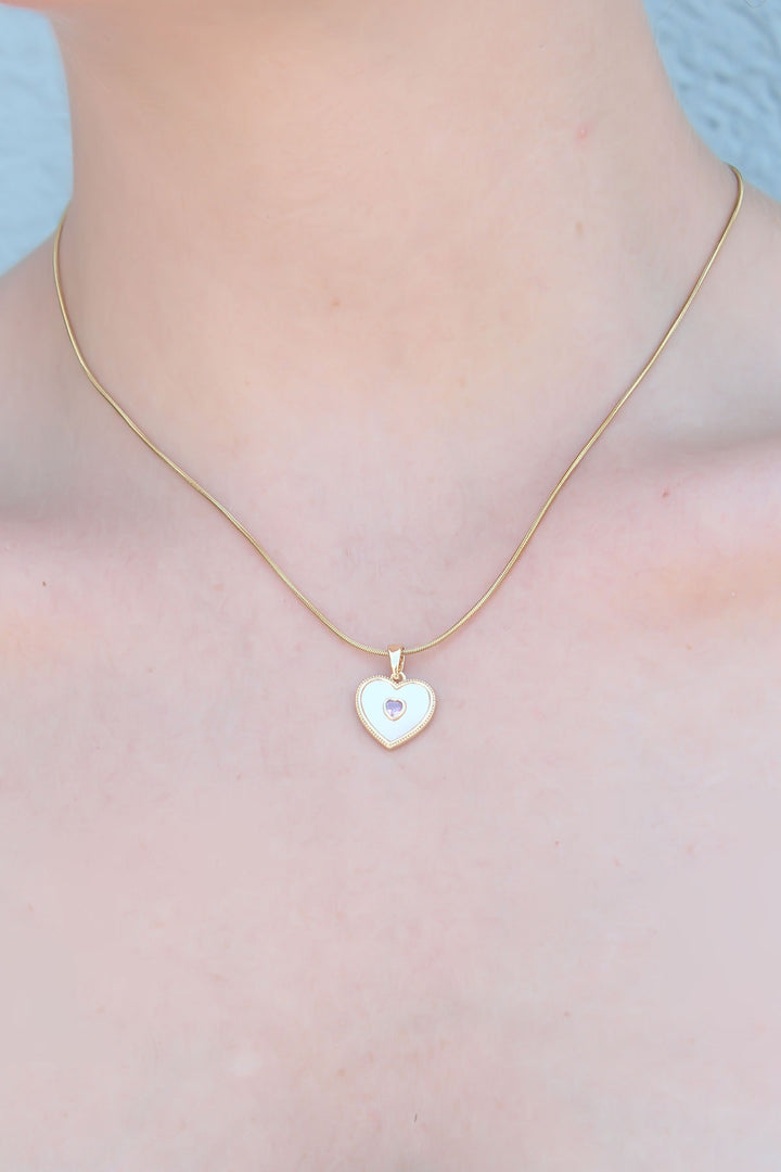 EBJ 316L Steel Gold Color Heart Model Pink Zircon Stone Heart Detail Women's Necklace - Willenhall