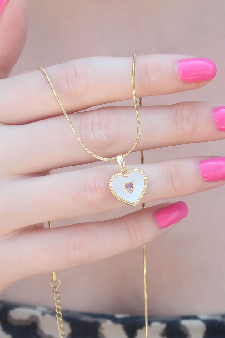 EBJ 316L Steel Gold Color Heart Model Pink Zircon Stone Heart Detail Women's Necklace - Willenhall