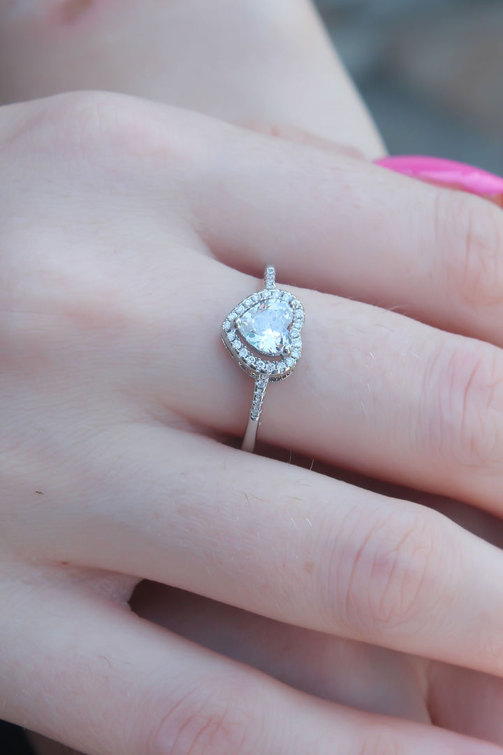 EBJ Silver Color Zircon Stone Heart Model Charm Brass Women's Ring - Molina de Segura
