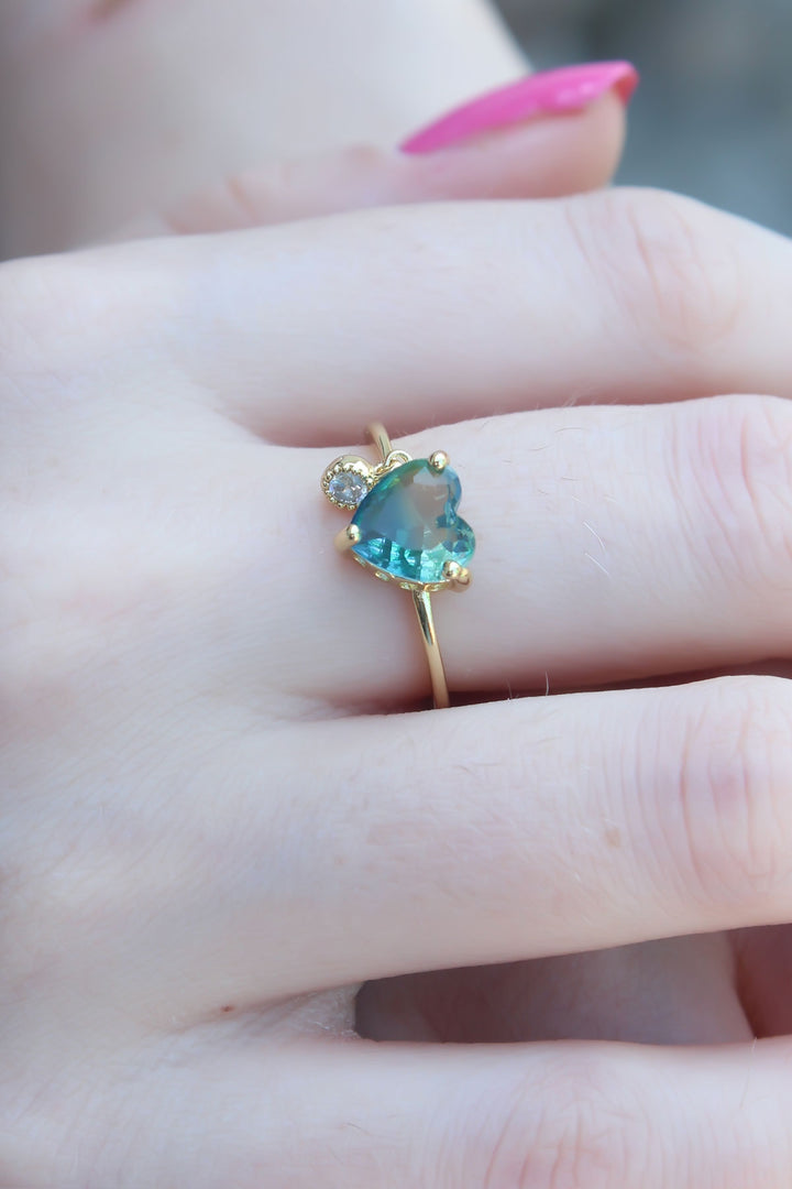 EBJ Gold Color Green Zircon Stone Heart Model Brass Women's Ring - San Nicolás de los Garza