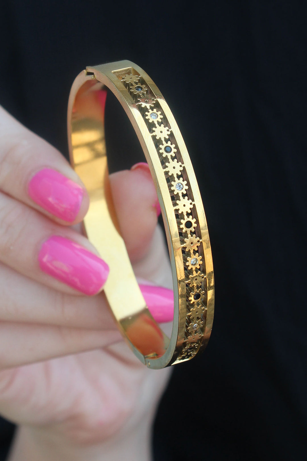 EBJ 316L Steel Gold Color Flower Pattern Zircon Stone Women's Cuff - La Habra