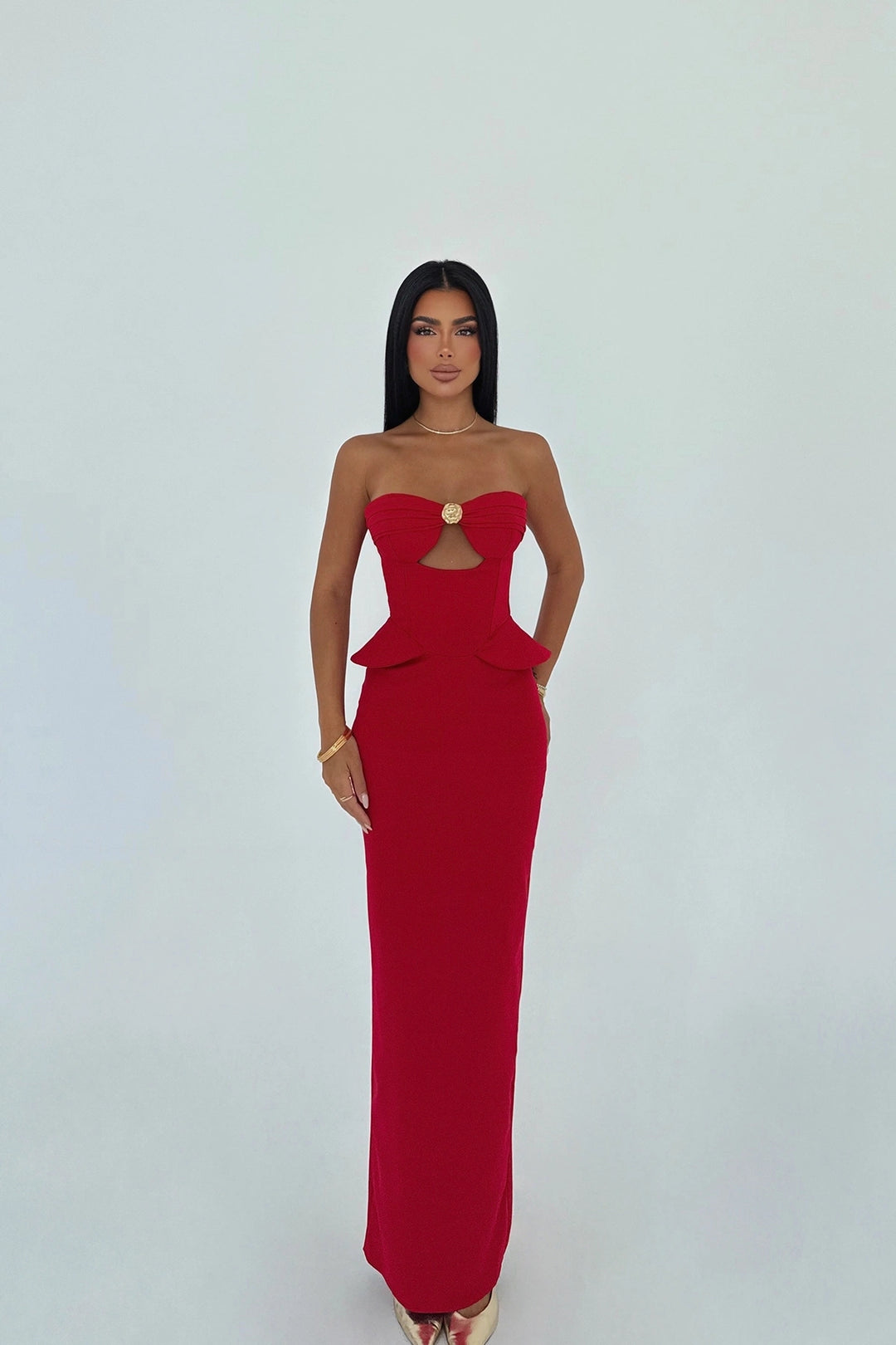 EYY Women Red Strapless Dress with Pocket Detail - Halle