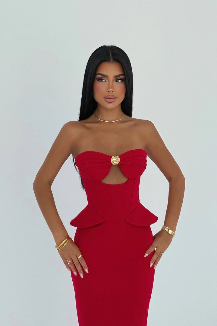 EYY Women Red Strapless Dress with Pocket Detail - Halle