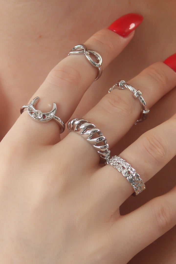 EBJ Silver Color Crescent Moon Figure Ring with Zircon Stone for Women Combination - Herne