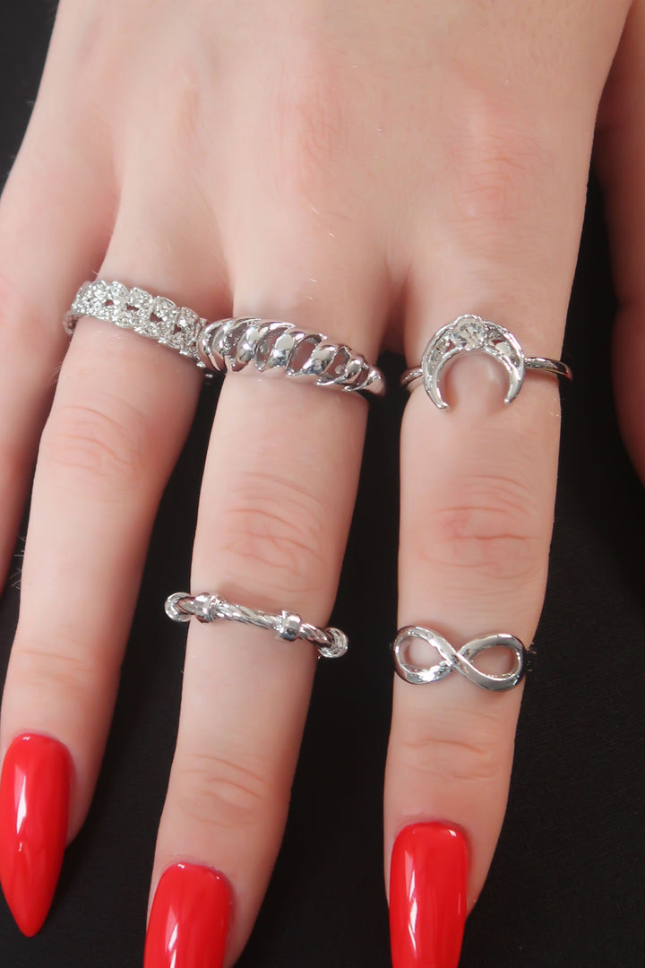 EBJ Silver Color Crescent Moon Figure Ring with Zircon Stone for Women Combination - Herne