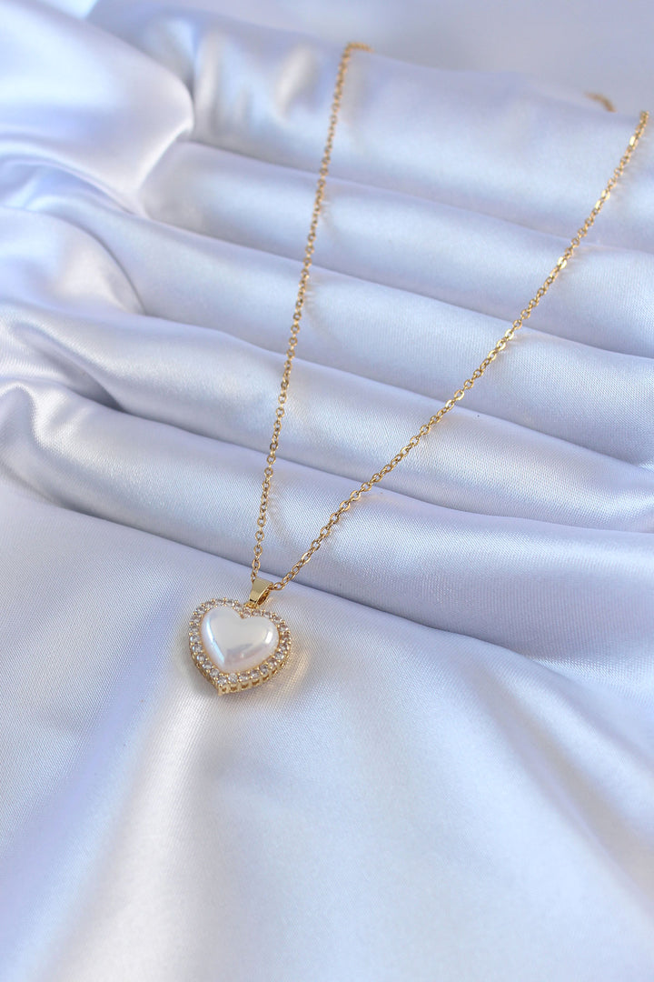 EBJ 316L Steel Gold Color Pearl Heart Model Zircon Stone Women's Necklace - Geelong