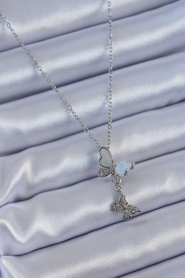 EBJ 316L Stainless Steel Silver Color Zircon Stone Butterfly Model Women's Necklace - Temple