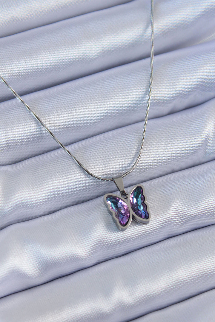 EBJ 316L Stainless Steel Silver Color Purple Crystal Stone Butterfly Model Women's Necklace - Plasencia
