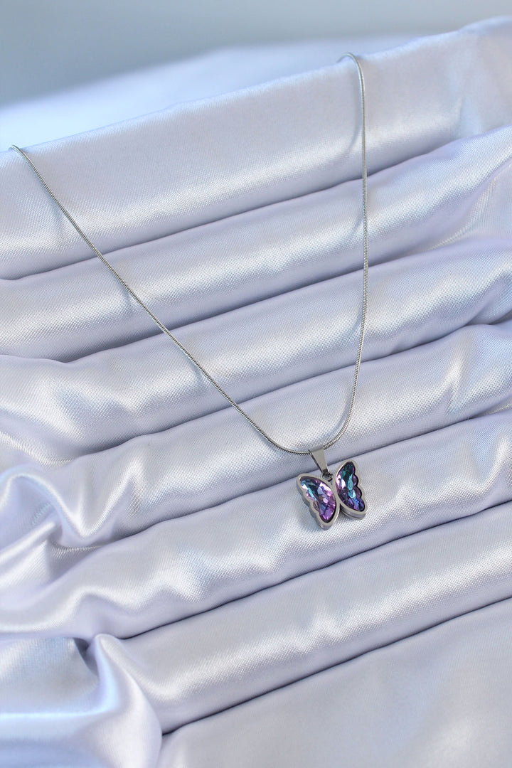 EBJ 316L Stainless Steel Silver Color Purple Crystal Stone Butterfly Model Women's Necklace - Plasencia