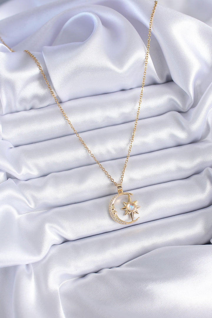 EBJ 316L Steel Gold Color Zircon Stone Star and Crescent Model Women's Necklace - Esslingen