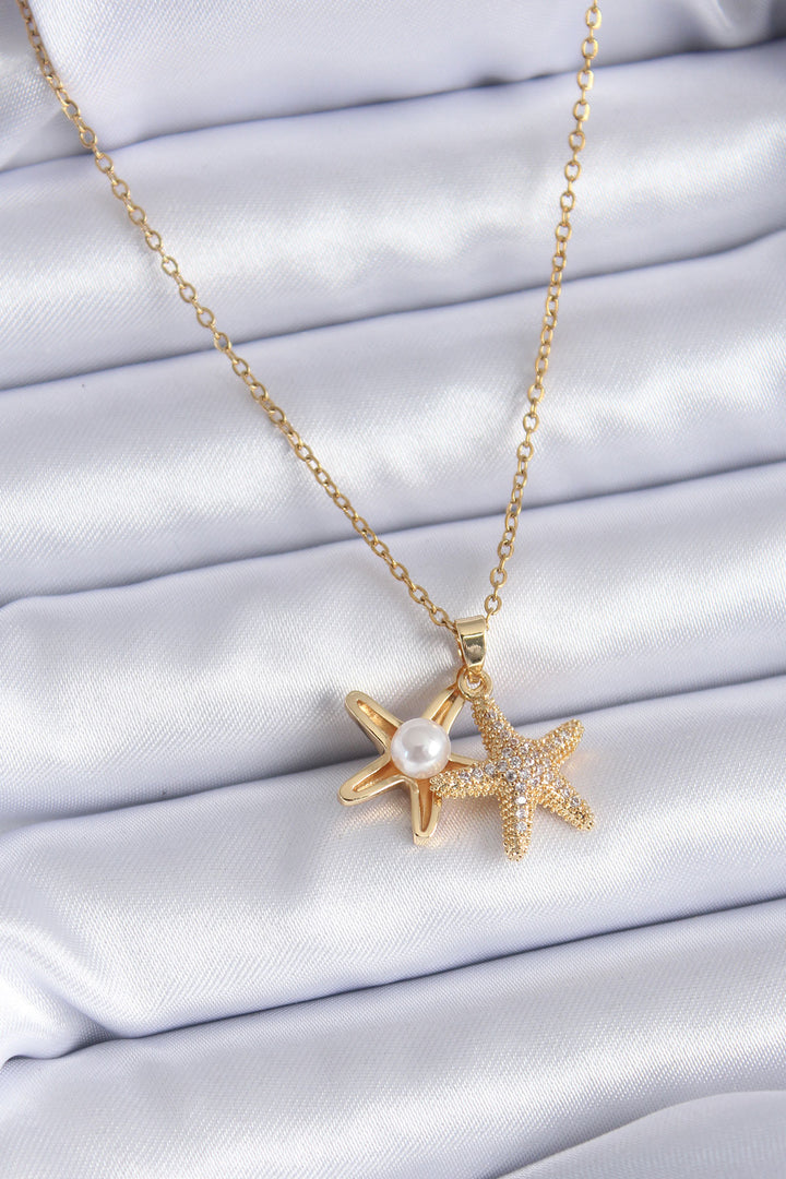 EBJ 316L Steel Gold Color Zircon Stone Opening Starfish Model Pearl Detail Women's Necklace - West Orange