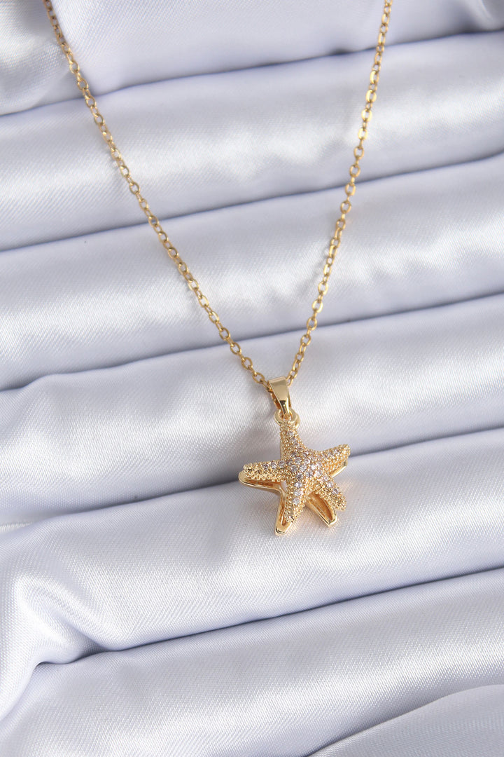 EBJ 316L Steel Gold Color Zircon Stone Opening Starfish Model Pearl Detail Women's Necklace - West Orange