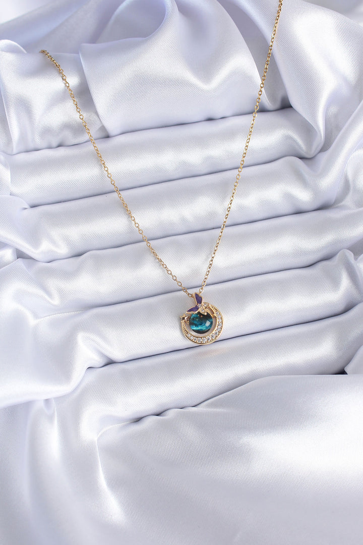 EBJ 316L Stainless Steel Gold Color Crescent Moon Planet Model Women's Necklace with Zircon Stone - Socorro