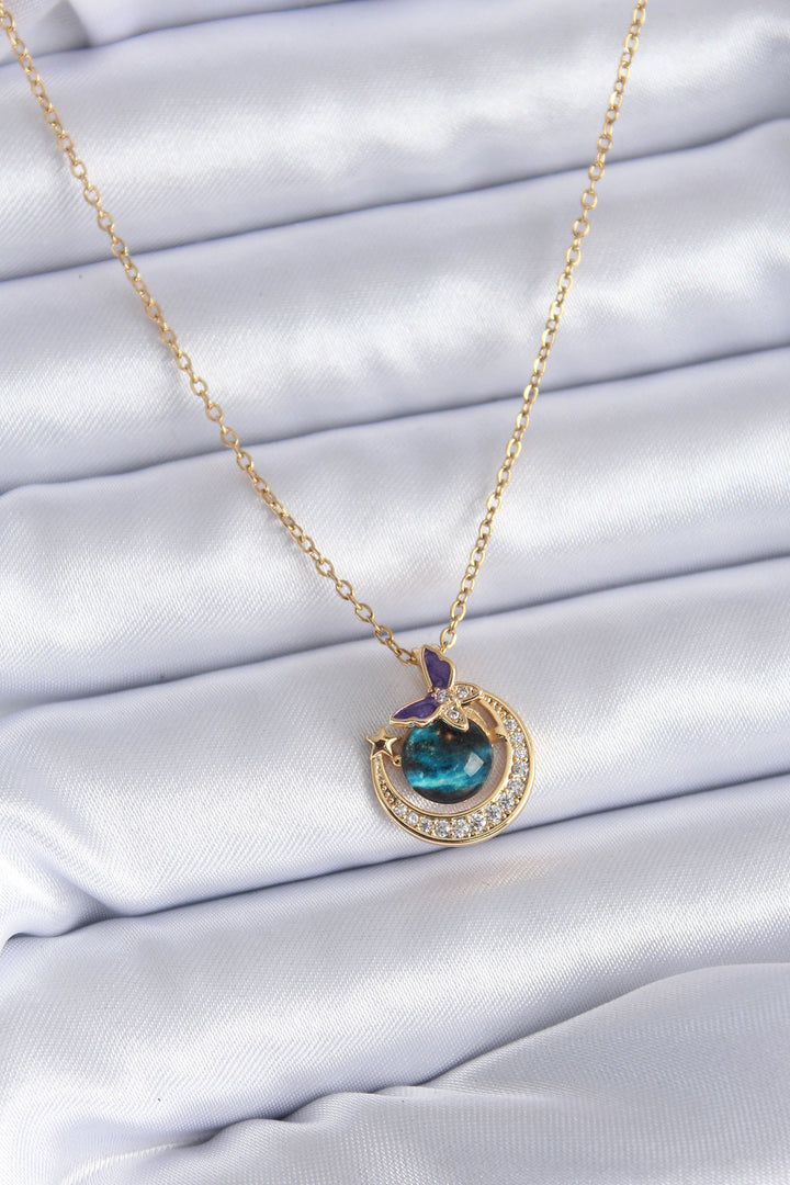 EBJ 316L Stainless Steel Gold Color Crescent Moon Planet Model Women's Necklace with Zircon Stone - Socorro