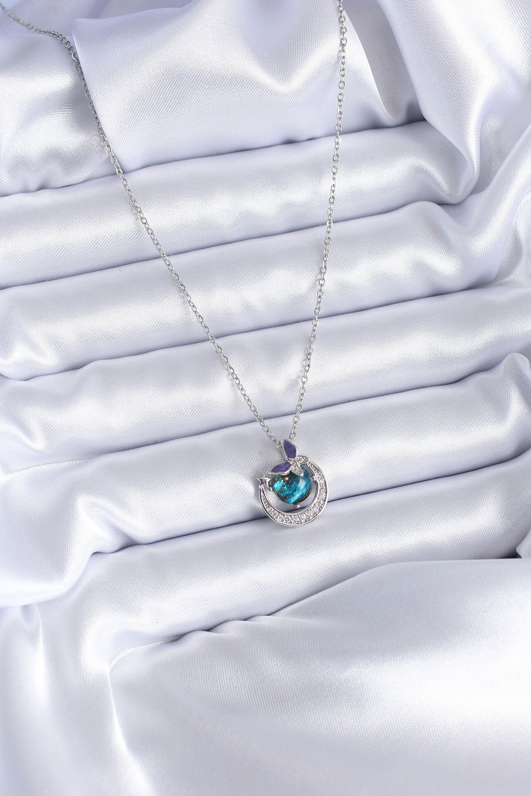 EBJ 316L Stainless Steel Silver Color Zircon Stone Crescent Planet Model Women's Necklace - Sterling Heights