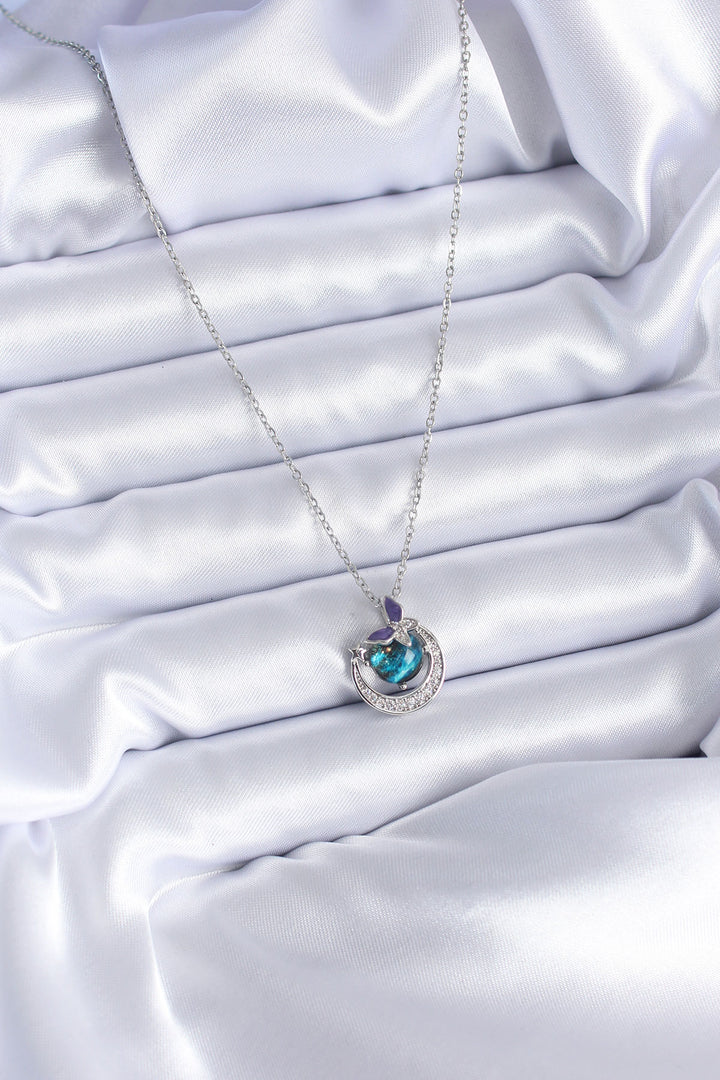 EBJ 316L Stainless Steel Silver Color Zircon Stone Crescent Planet Model Women's Necklace - Sterling Heights