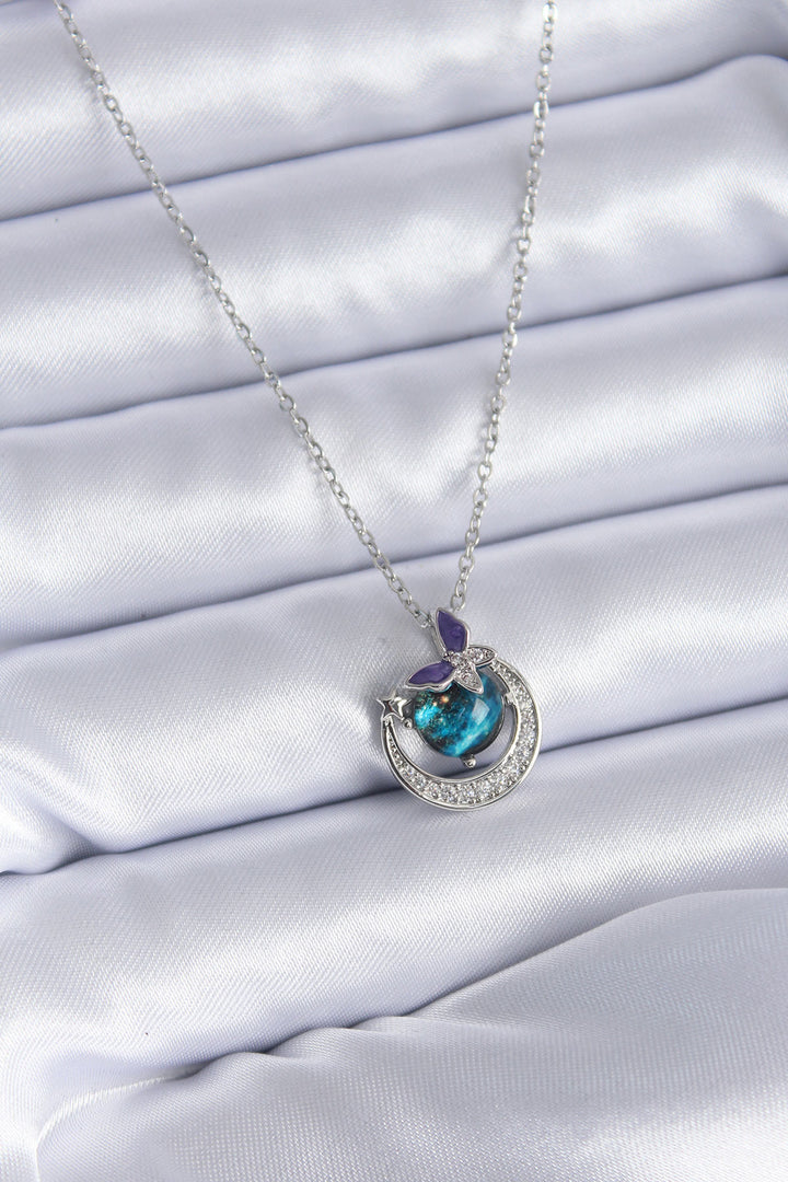 EBJ 316L Stainless Steel Silver Color Zircon Stone Crescent Planet Model Women's Necklace - Sterling Heights