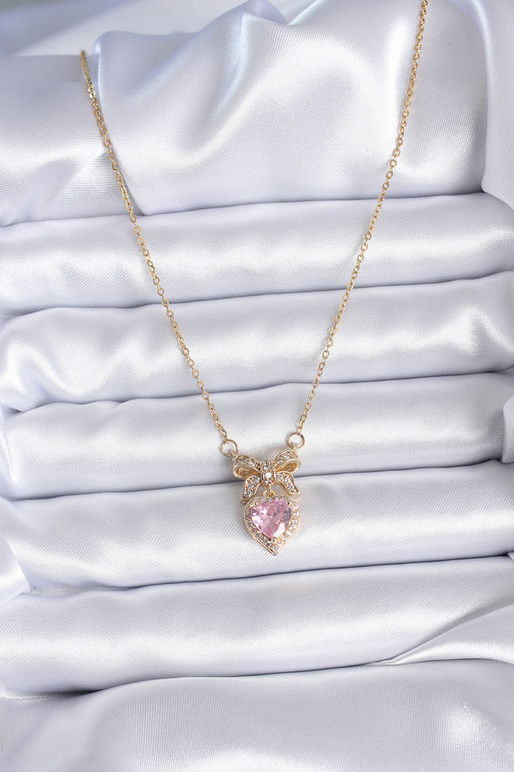 EBJ 316L Steel Gold Chain Pink Crystal Heart Model Zircon Stone Ribbon Model Women's Necklace - Altamira
