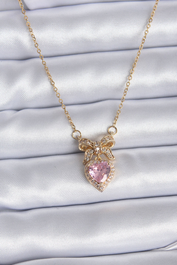 EBJ 316L Steel Gold Chain Pink Crystal Heart Model Zircon Stone Ribbon Model Women's Necklace - Altamira
