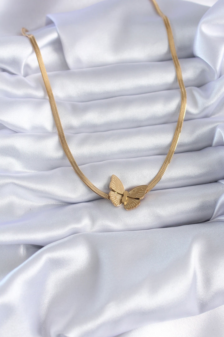 EBJ 316L Steel Gold Color Italian Chain Model Embroidered Butterfly Figure Women's Necklace - Joplin