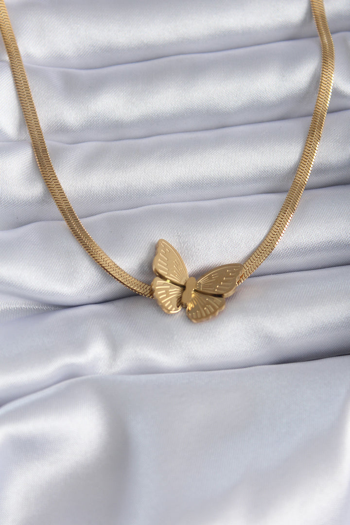 EBJ 316L Steel Gold Color Italian Chain Model Embroidered Butterfly Figure Women's Necklace - Joplin