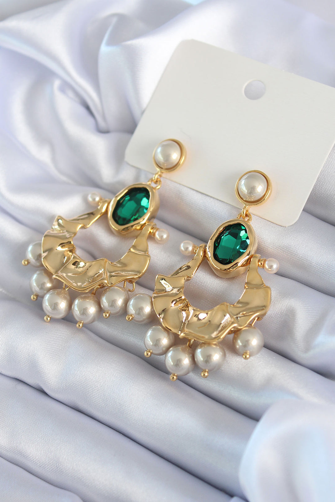 EBJ Gold Color Green Crystal Stone Model Pearl Detail Dangle Detail Brass VIP Women's Earrings - Brookhaven