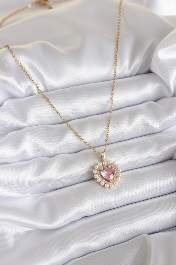 EBJ 316L Steel Chain Gold Color Zircon Stone Heart Model Pearl Detail Women's Necklace - Hellendoorn