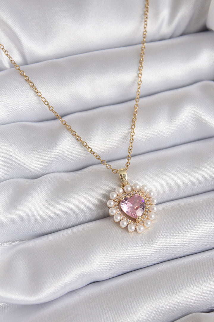EBJ 316L Steel Chain Gold Color Zircon Stone Heart Model Pearl Detail Women's Necklace - Hellendoorn