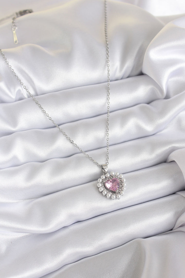 EBJ 316L Stainless Steel Chain Silver Color Zircon Stone Heart Model Pearl Detail Women's Necklace - Bad Salzuflen