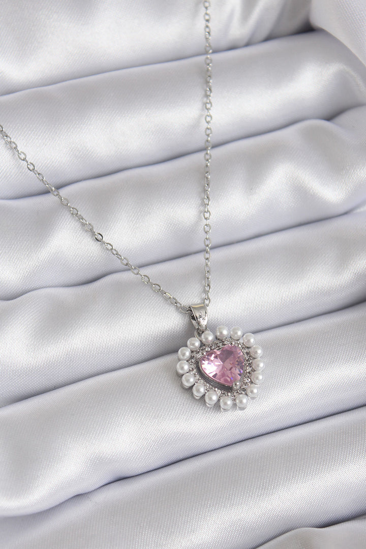 EBJ 316L Stainless Steel Chain Silver Color Zircon Stone Heart Model Pearl Detail Women's Necklace - Bad Salzuflen