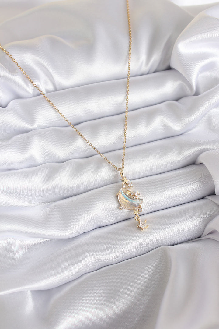 EBJ 316L Steel Chain Gold Color Zircon Stone Moon Model Dangling Star Detail Women's Necklace - Shoreline