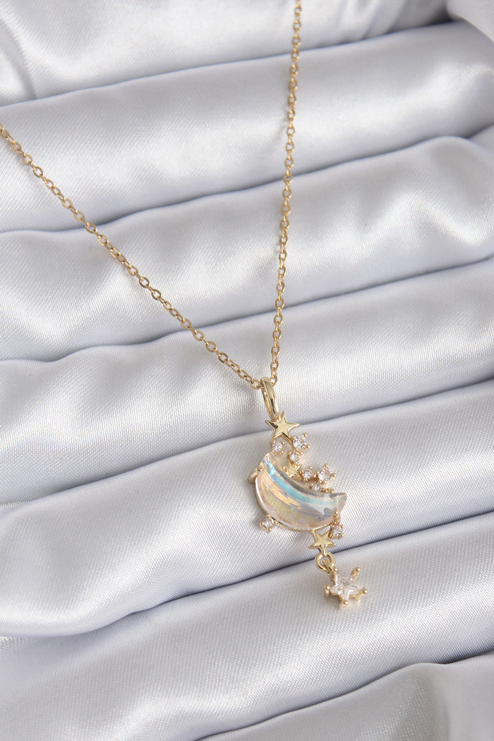 EBJ 316L Steel Chain Gold Color Zircon Stone Moon Model Dangling Star Detail Women's Necklace - Shoreline