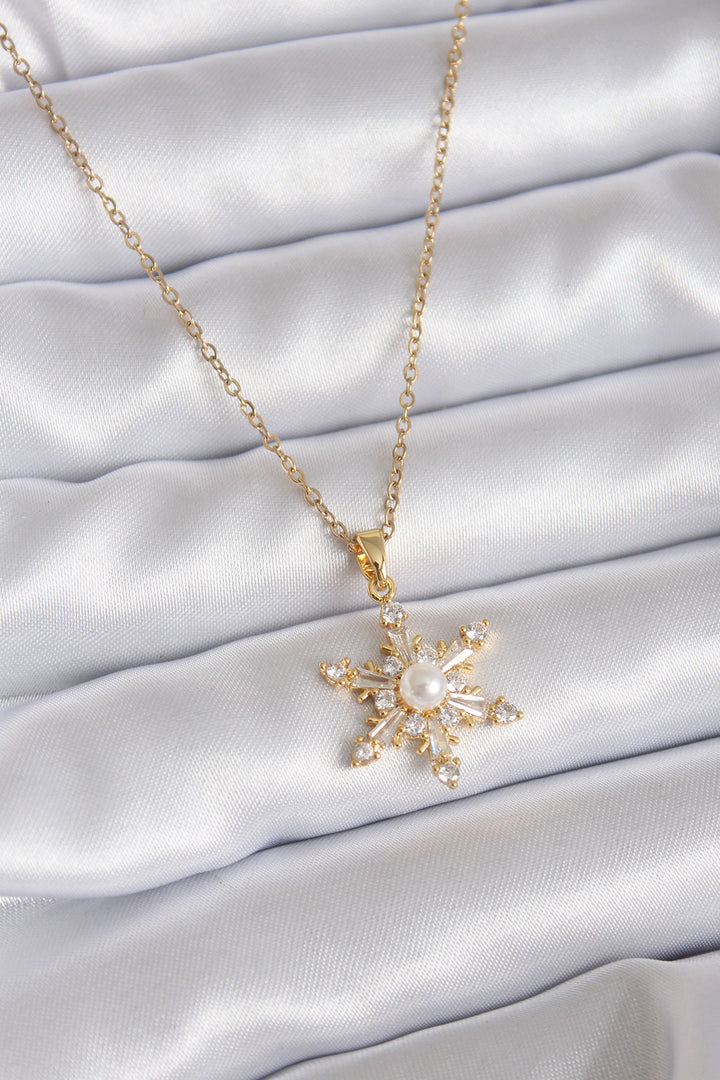 EBJ 316L Steel Chain Gold Color with Zircon Stone Polar Star Model Pearl Detail Women's Necklace - Eau Claire