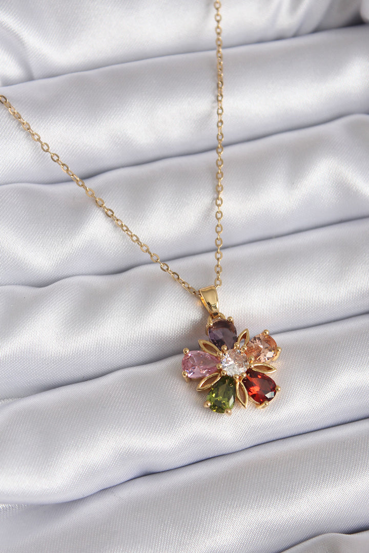 EBJ 316L Steel Chain Gold Color Colorful Zircon Stone Flower Model Women's Necklace - Linz