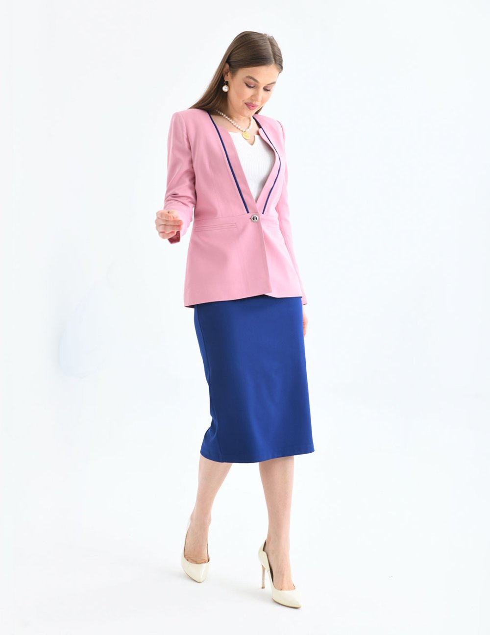 NDL Women Ruffle Detail Single Button Skirt Suit Rose Pink - Manukau City