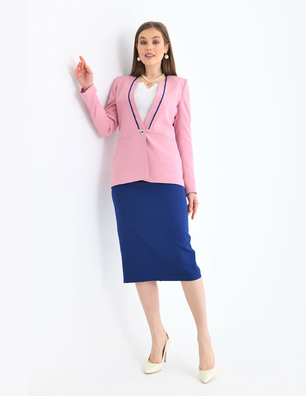 NDL Women Ruffle Detail Single Button Skirt Suit Rose Pink - Manukau City