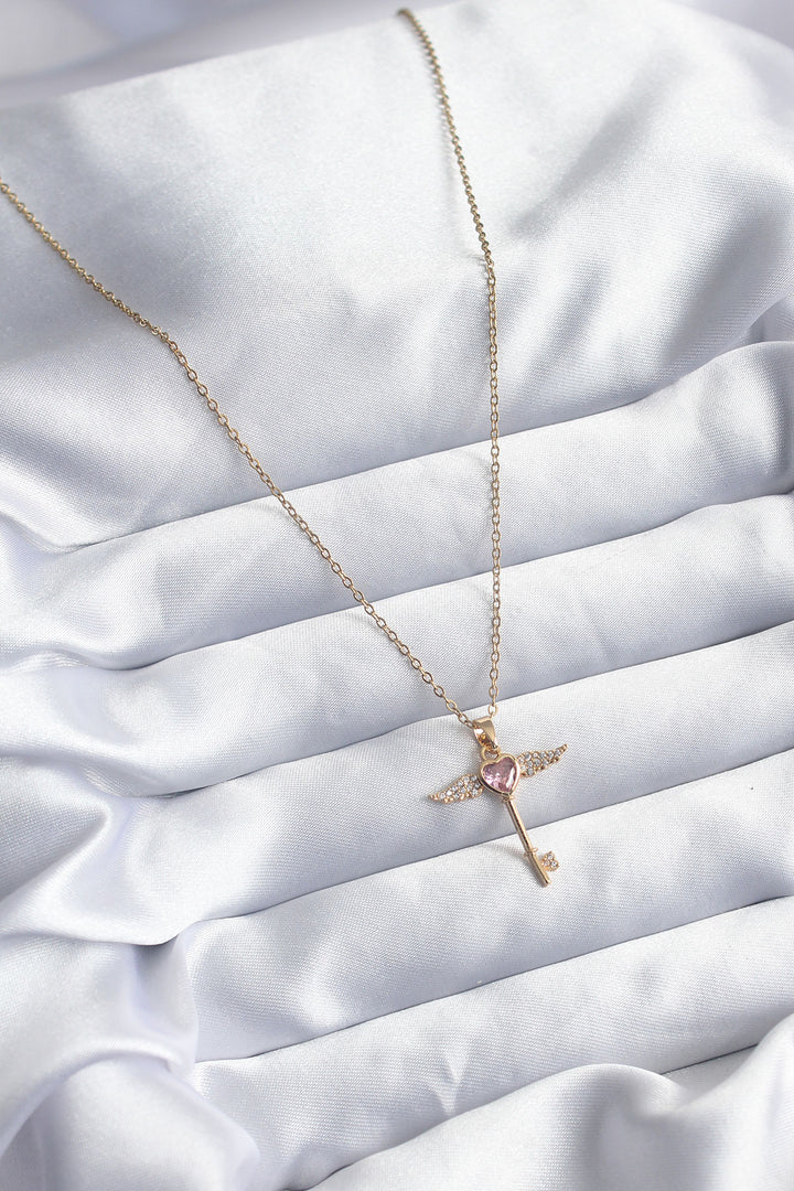 EBJ 316L Steel Gold Color Chain Pink Zircon Stone Key Model Women's Necklace - St. Catharines