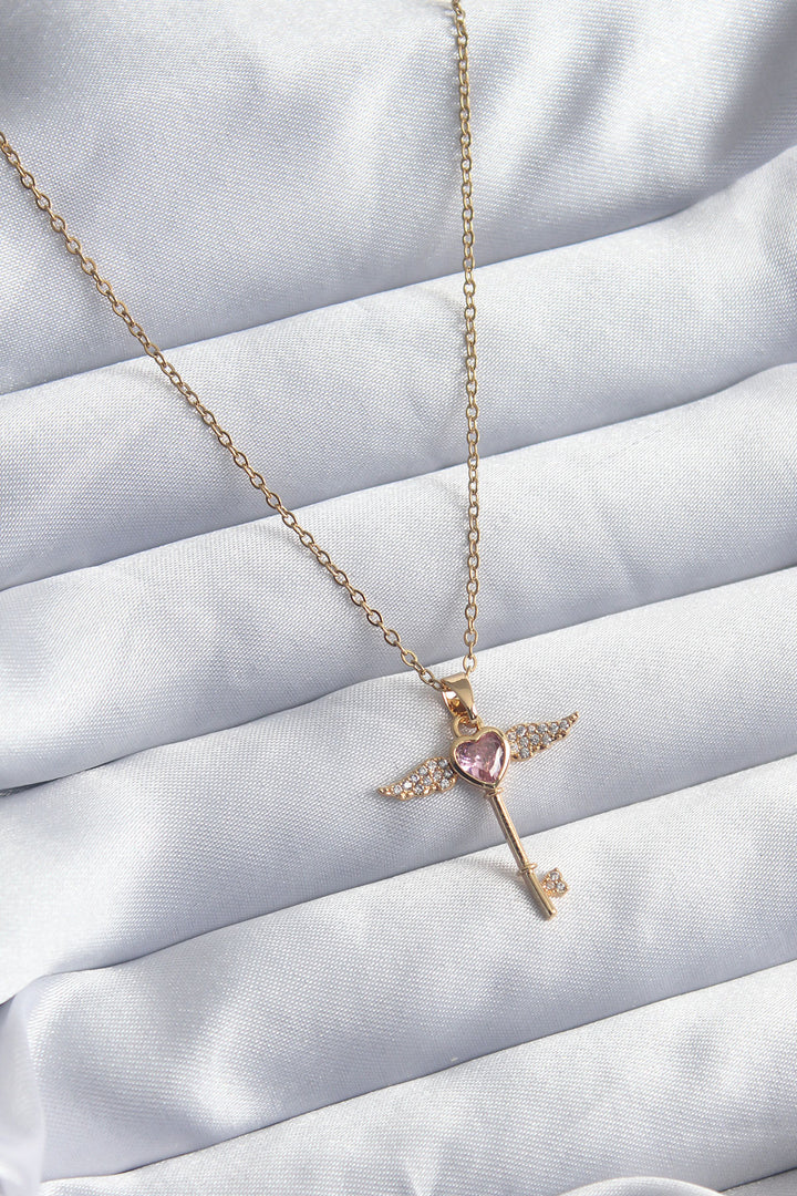 EBJ 316L Steel Gold Color Chain Pink Zircon Stone Key Model Women's Necklace - St. Catharines