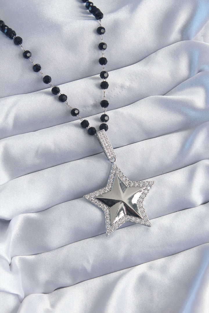 EBJ Silver Color Black Bead Zircon Stone Brass Star Model VIP Series Women's Necklace - Tottenham