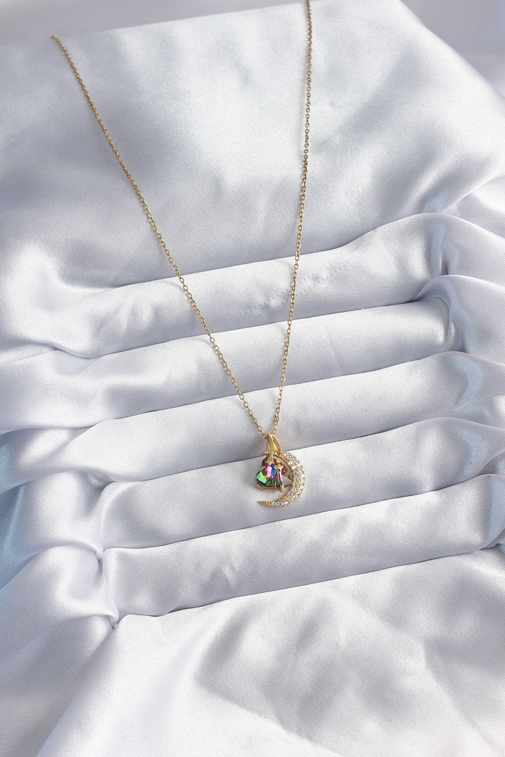 EBJ 316L Stainless Steel Chain Gold Color Crescent Crystal Heart Model Women's Necklace with Zircon Stone - Marion